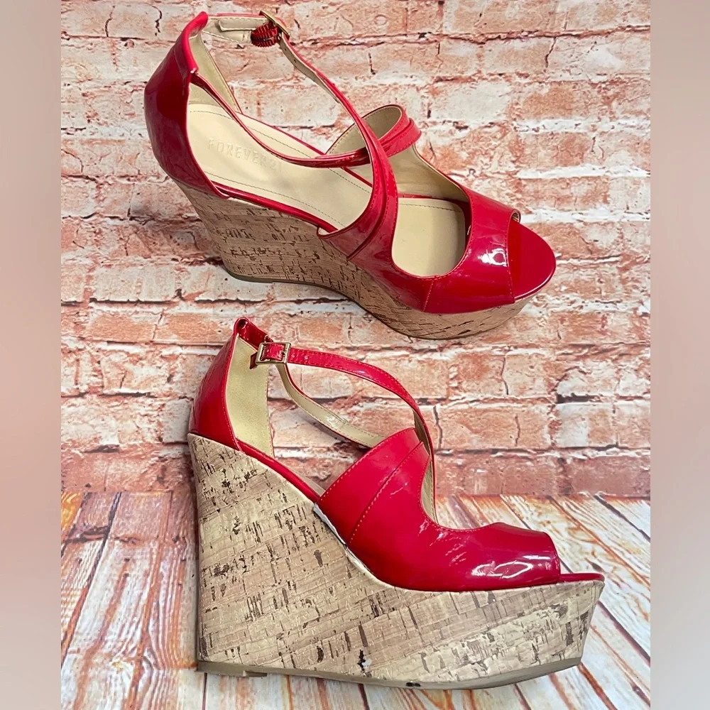 Forever 21 Red Peep Toe Ulta High Patent Leather Wedges with Cork Platform